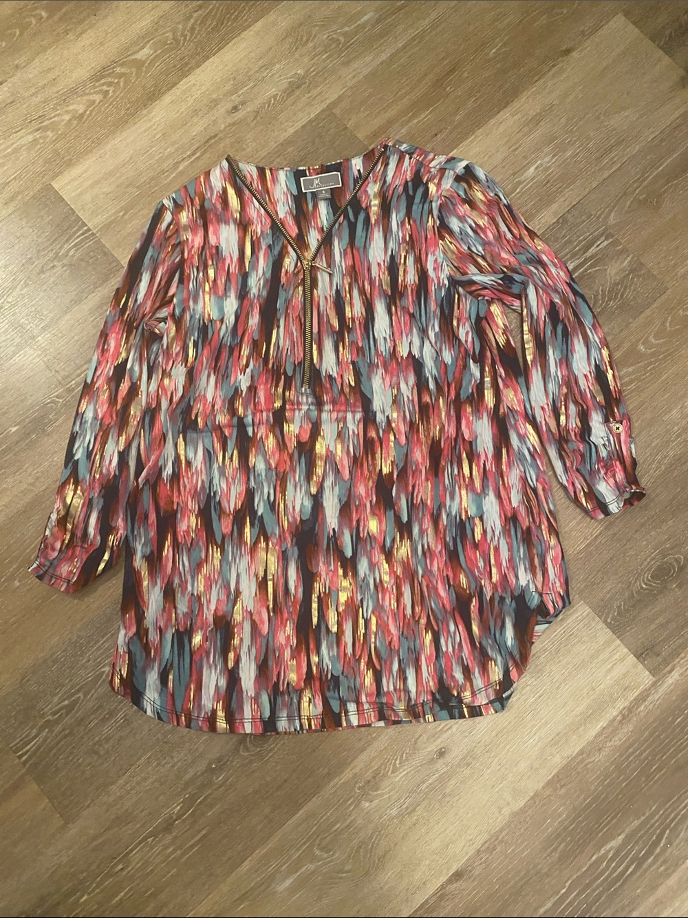 JM Collection Multicolor V-Neck Blouse with Gold Accents